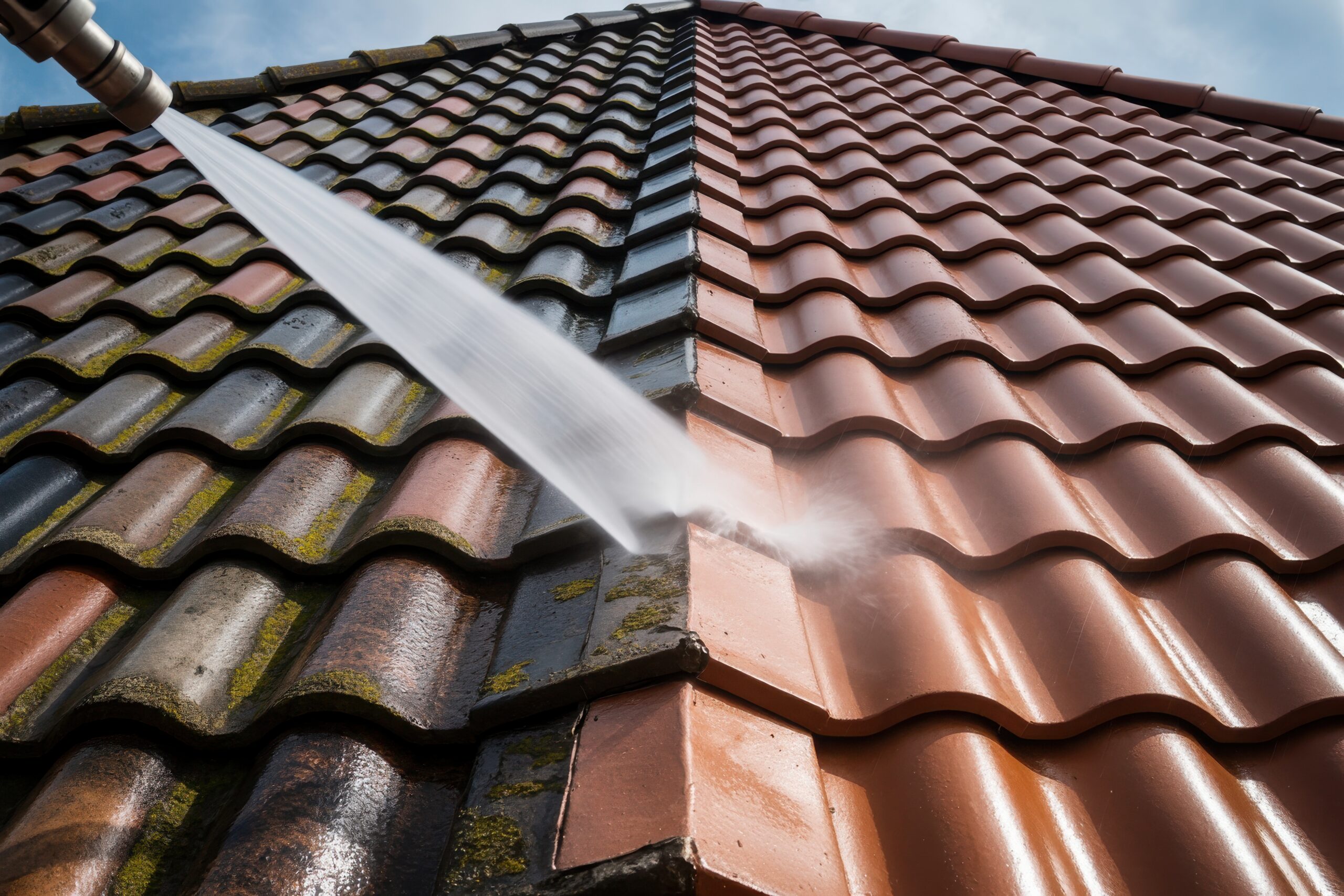 Before and after comparison of a mossy roof next to a clean roof following professional roof washing